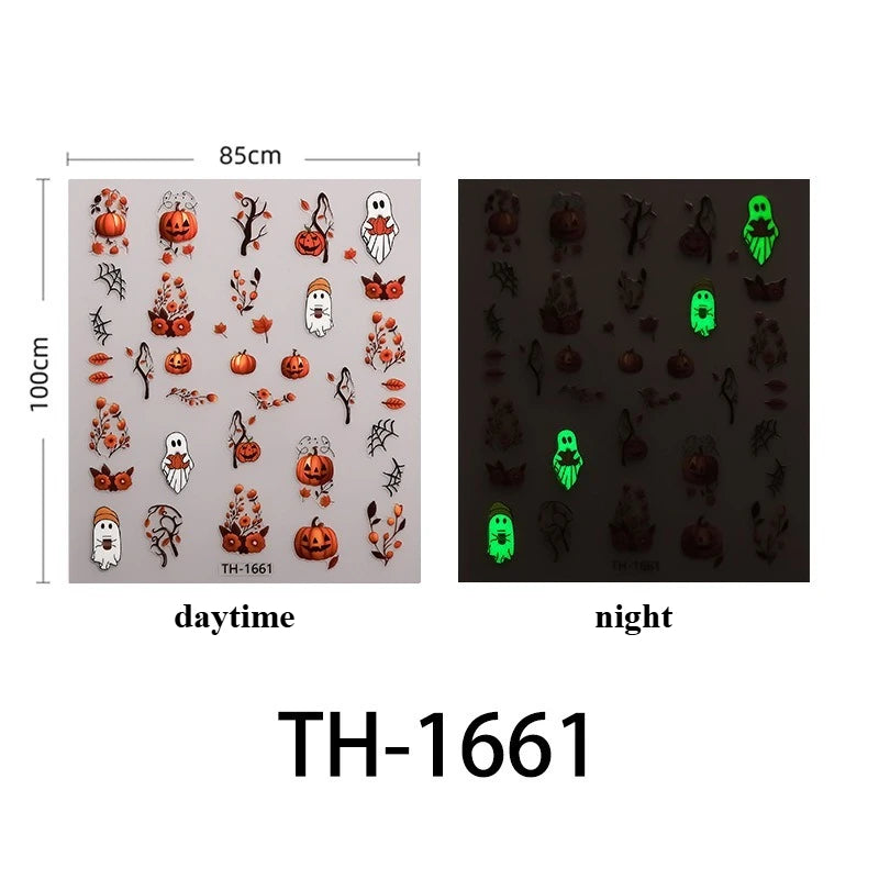 Halloween Nail Stickers - 3D Glow in Dark Cute Ghost Design Luminous Self Adhesive Nail Decals for Halloween