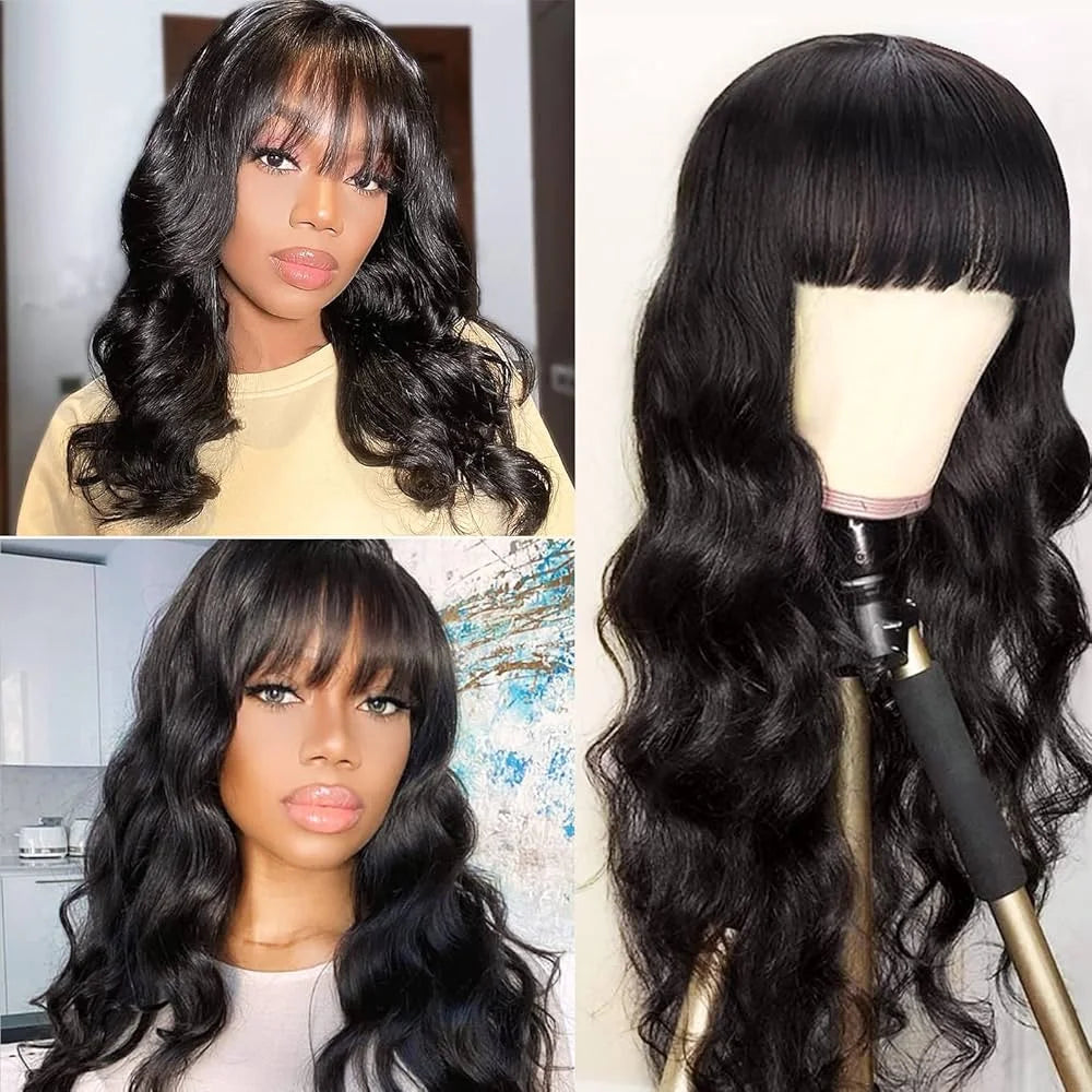 Body Wave Wigs With Bangs Put on go Wigs Human Hair 26inch Glueless Human Hair Wigs Natural Wave Bang Wigs Beginner Friendly