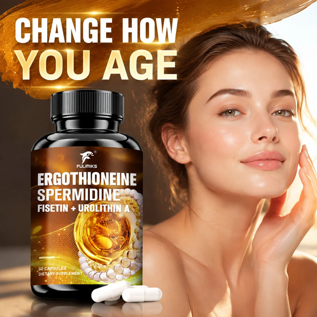 Ergothioneine Spermidine Supplement, with Urolithin A, Support Skin Elasticity, Antioxidant, Promotes Cell Protection, Skin Glow