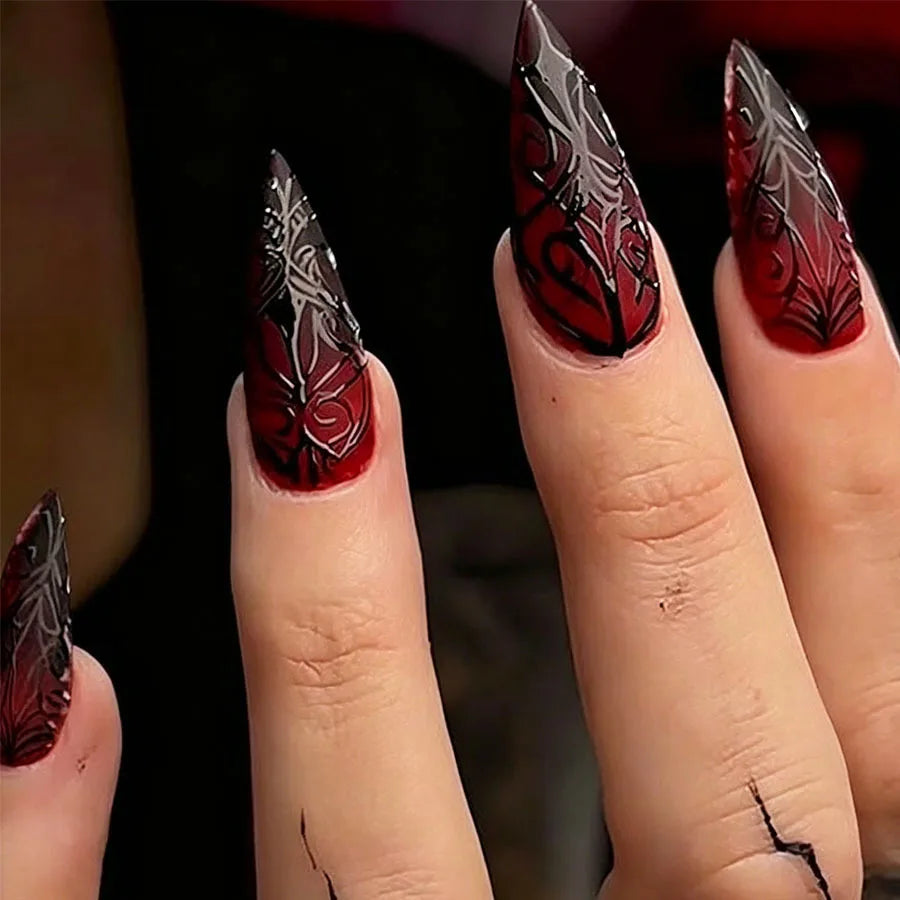 24Pcs Fake Nails Halloween-Themed Long Pointed Nails with Embossed Blood-Red Spider Web Gradient Design Press-On Nails