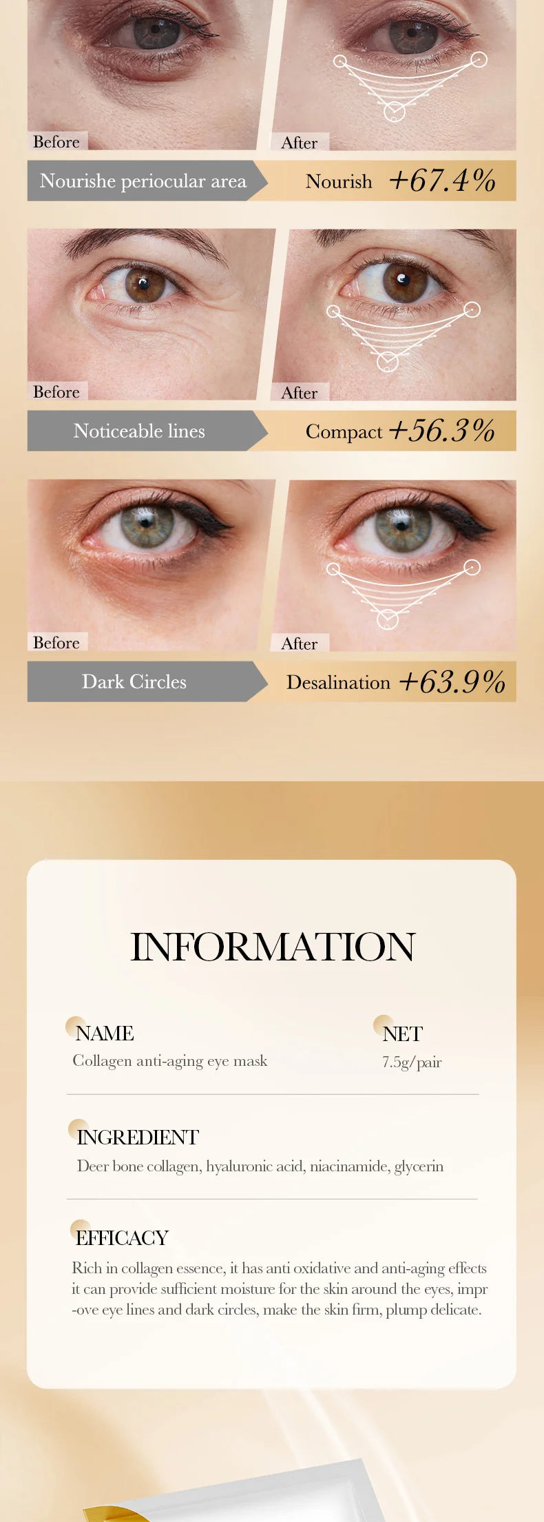 Collagen Eye Mask Firming Lifting Eye Patches Anti Dark Circles Eye Bags Fade Fine Lines Hyaluronic Acid Moisturizing Skin Care