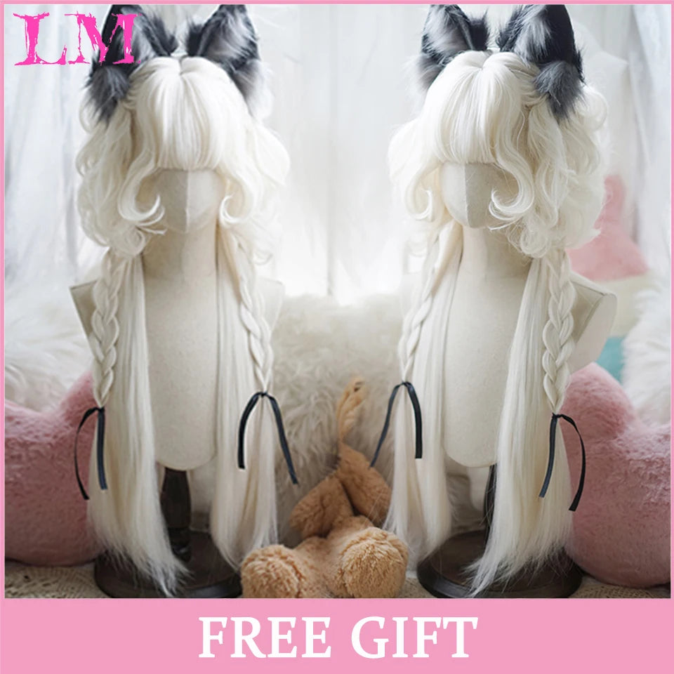 LM Light Blonde Wave Hair Wig Synthetic Long Wavy Wigs with Bangs for Women Cosplay Natural High Temperature Fiber