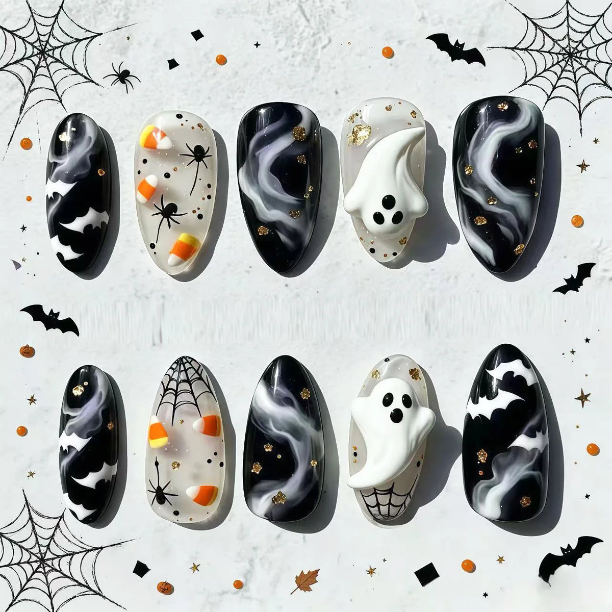 Halloween Pink White Color Press on Nails With 3D Ghost Design Almond Fake Nails INS Sweet Star Moon Decor False Nails 30pcs