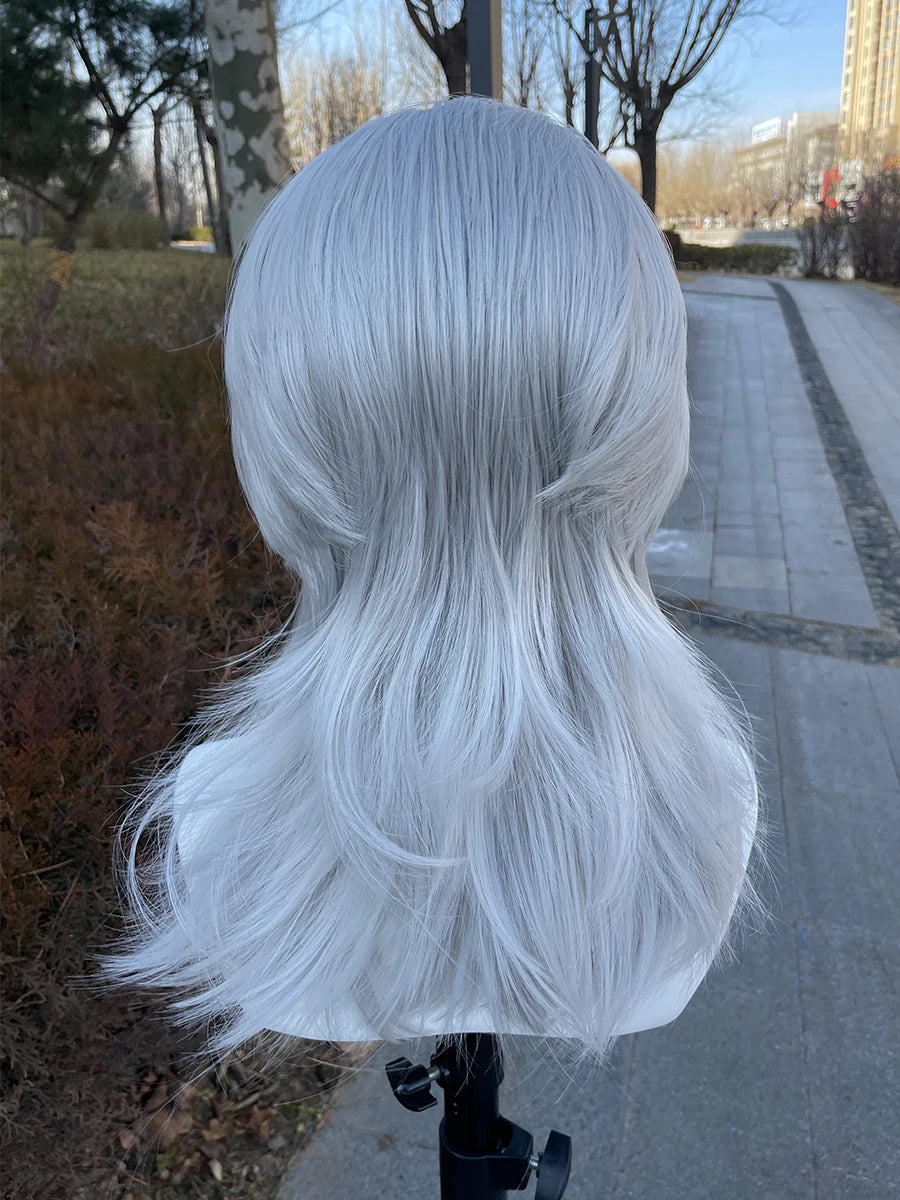Sliver Gray 13x4 Synthetic Lace Front Wig for Women Cosplay Shoulder Length Mullet Synthetic Wigs Layers Ponytails Glueless Wigs