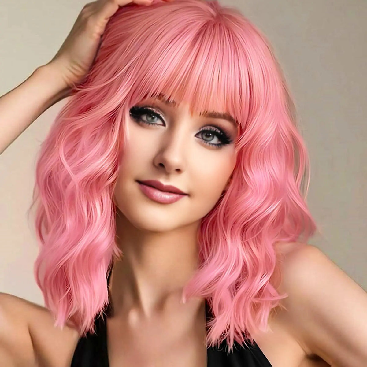 14inch Short Wavy Bob Synthetic Wig with Air Bangs Heat Resistance Shoulder Length Curled Wigs for Daily Use Cosplay for Women
