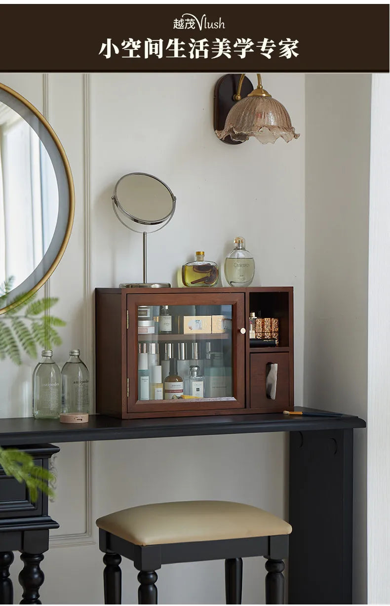 Mid Century Solid Wood Cosmetic Storage Box Drawer Organizer for Perfume Skincare Desktop Vanity Cabinet Rustic Makeup Holder