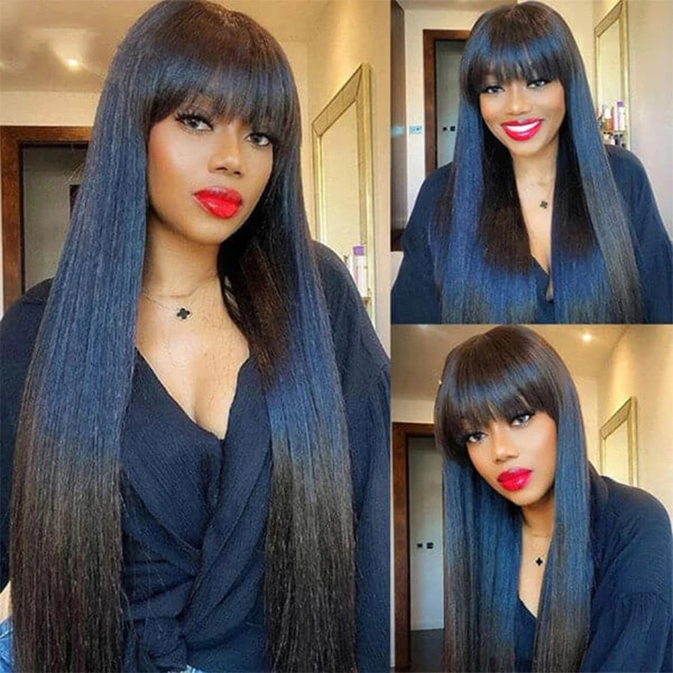 Silky Straight Human Hair Wigs With Bang Full Machine Made Wigs 8-30inch Natural Color AHJF Peruvian Remy Human Hair Wigs 220%