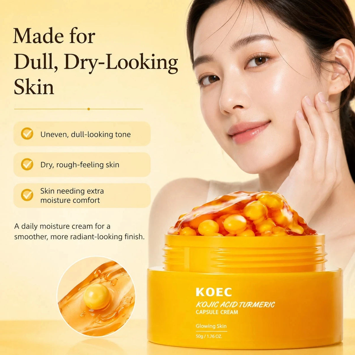 Kojic Acid Turmeric Capsule Cream with Niacinamide & Squalane, Skincare Kojic Acid Face Cream for Even Skin Tone & Glow Firming, Hydrating Capsule Cream, 50g/1.76oz