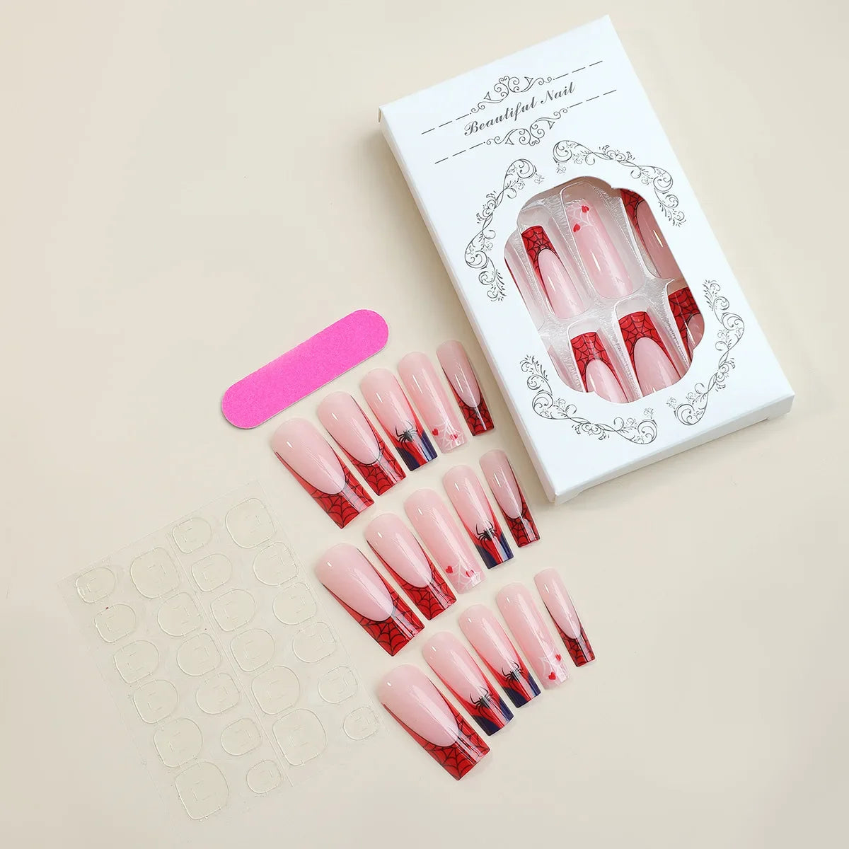 24pcs Glitter Pink Sequins Fake Nails 2025 Halloween Scary Skull Love Print False Nails Wearable European Ballet Press on Nails