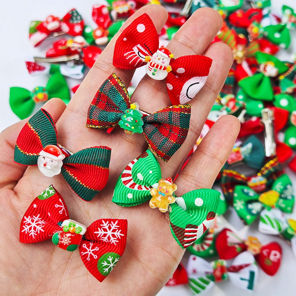 20Pcs Christmas Pet Hair Clips Santa Snowman Bowknot Dog Cat Hair Barrettes Puppy Kitten Holiday Party Grooming Hair Accessories