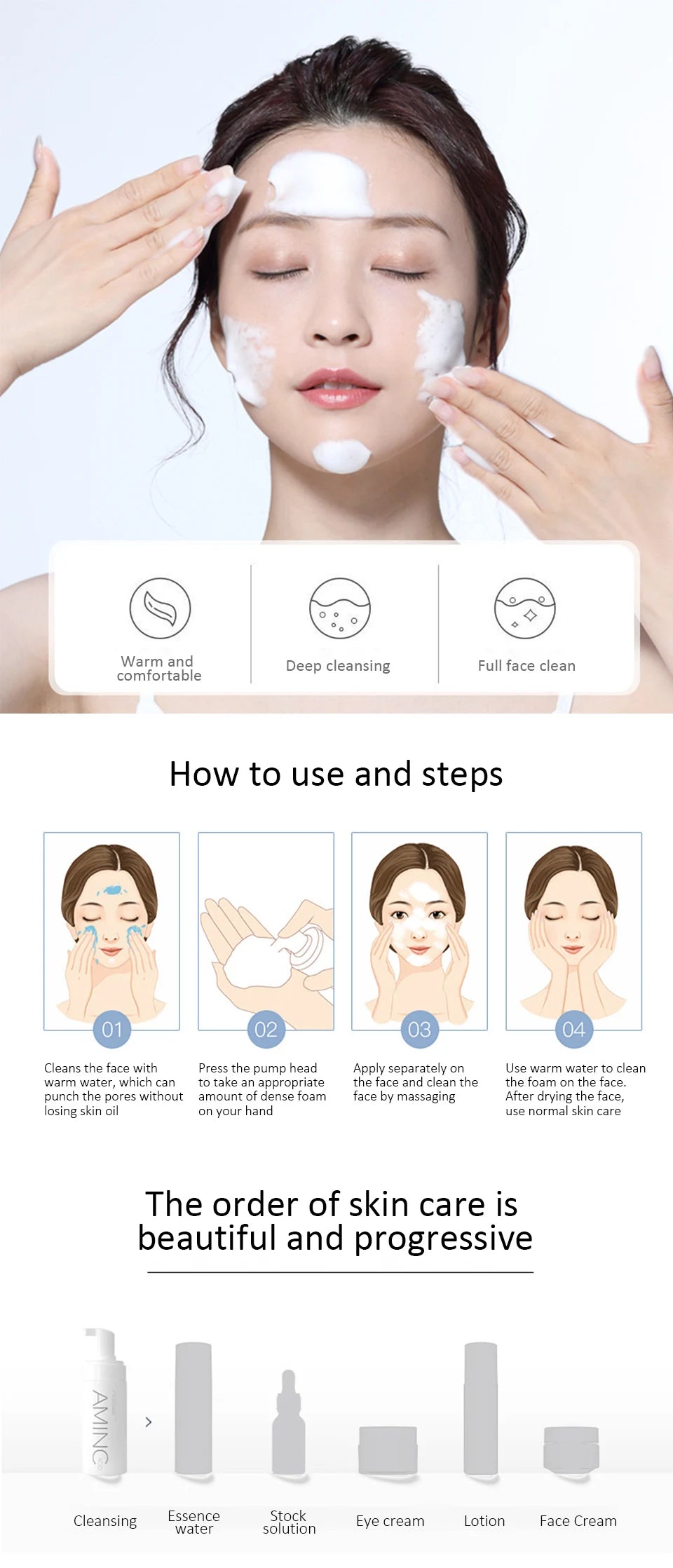 Amino Acid Cleansing Mousse Moisturizing Oil Control Deep Cleaning Mites Removal Acne Facial Cleanser Foam Skin Brightening