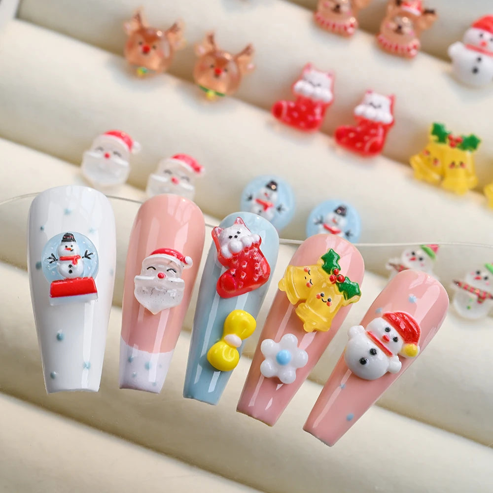 50pcs/bag 3D Resin Christmas Nail Charms Cute Snowman Elk Santa Claus Nail Art Rhinestones Xmas Winter Nails Jewelry Decorations