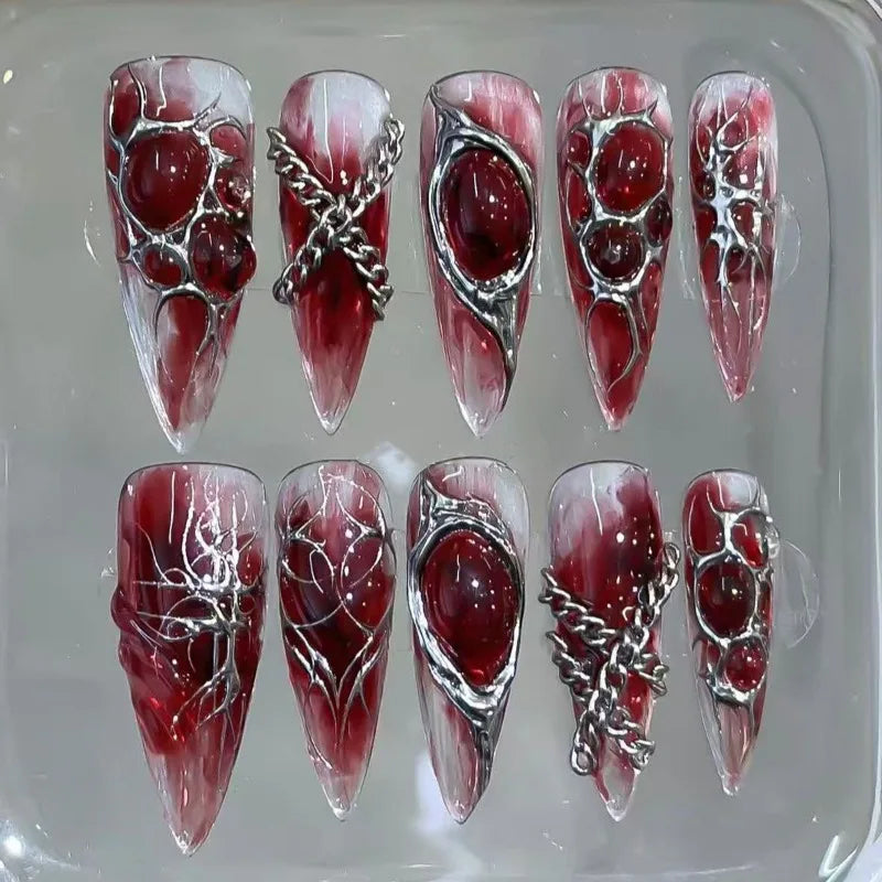 24PCS Gothic Red Smudging Long Stiletto Fake Nails 3D Metallic Silver Chain French Press on Nails Full Cover Halloween Nail Tips