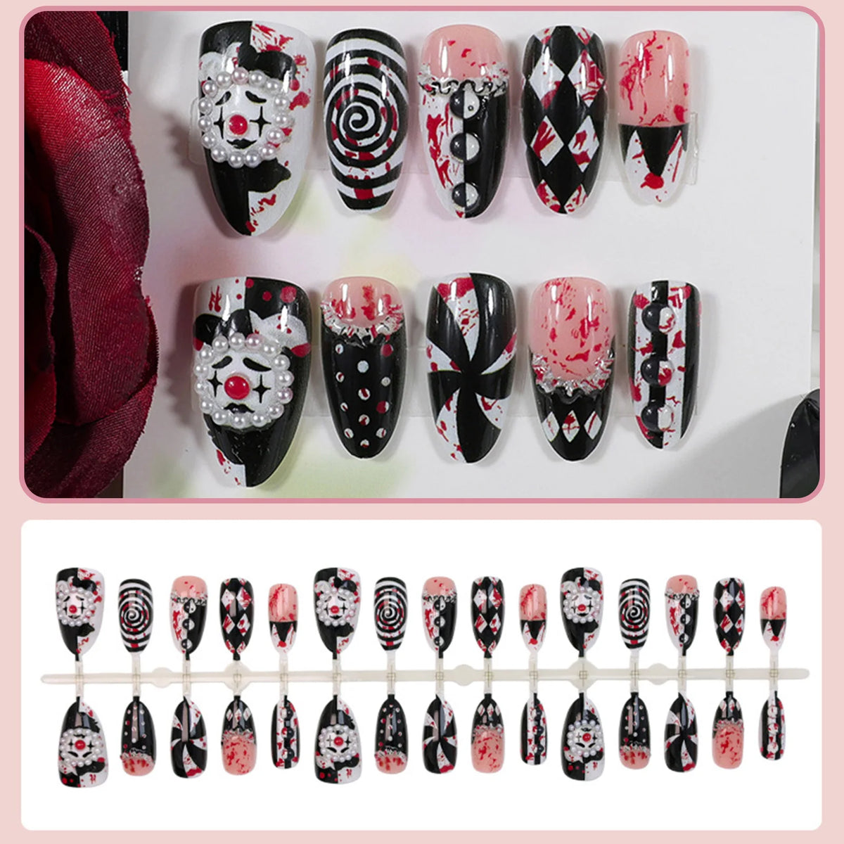 30pcs Funny Dark Clown Press On Nails Halloween French Style Almond False Nails 3D Relief Pearl Spiral Stripes Designs Fake Nail