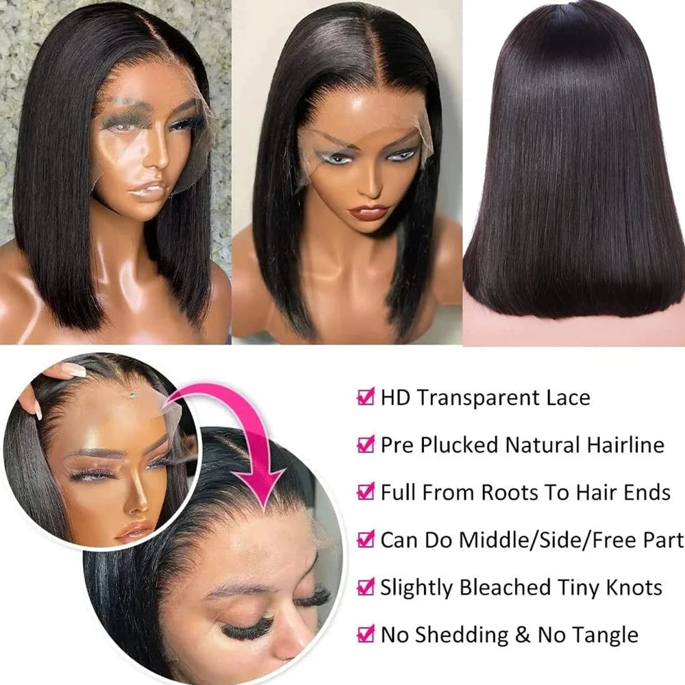 Wear and Go Glueless Bob Wig Human Hair Pre Plucked Pre Cut 215% Density 5x5 HD Transparent Lace Front Wigs Human Hair for Black Women Short Straight Bob Wigs No Glue Lace Closure Wigs for Beginners 10 Inch