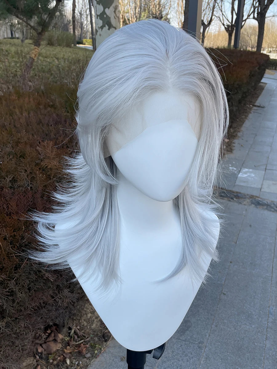 Sliver Gray 13x4 Synthetic Lace Front Wig for Women Cosplay Shoulder Length Mullet Synthetic Wigs Layers Ponytails Glueless Wigs