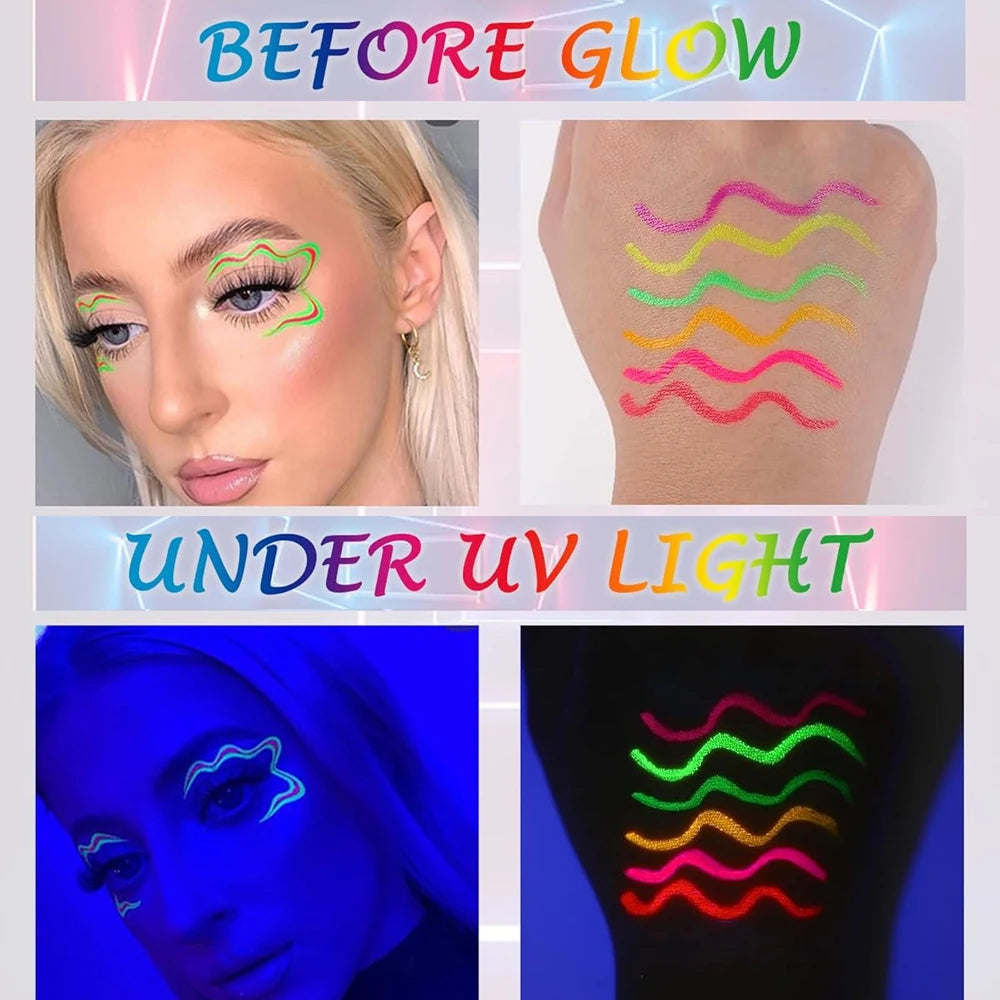 6Pcs Neon Fluorescent UV Glow Eyeliner, Waterproof Long Lasting Colorful Liquid Eye Liner, Rave Party Halloween Makeup Tools