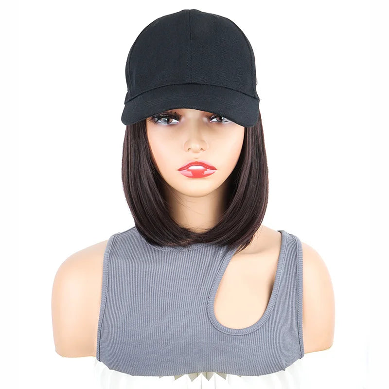 Synthetic Short Straight Bobo Hat Wigs Baseball Cap Adjustable Black Brown Hairpiece for Women