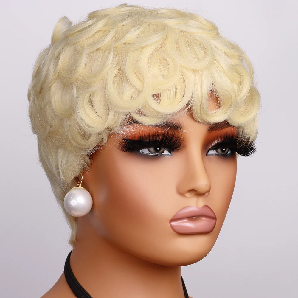 Blonde Curly Pixie Cut Wigs Short Colorful Human Hair Wigs For Black Women Brazilian Hair Full Machine Made Glueless Wigs 150%