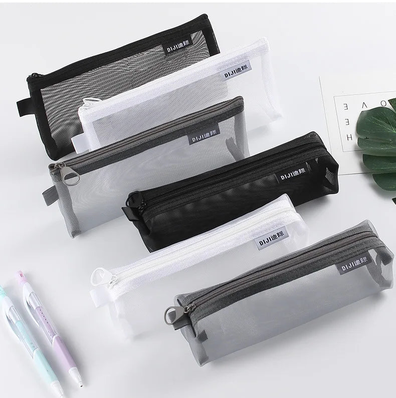 1PC Makeup Bags Case White Gray Black Large Capacity Mash Transparent Cosmetic Brush Bags Students Long Style Nylon Pencil Case