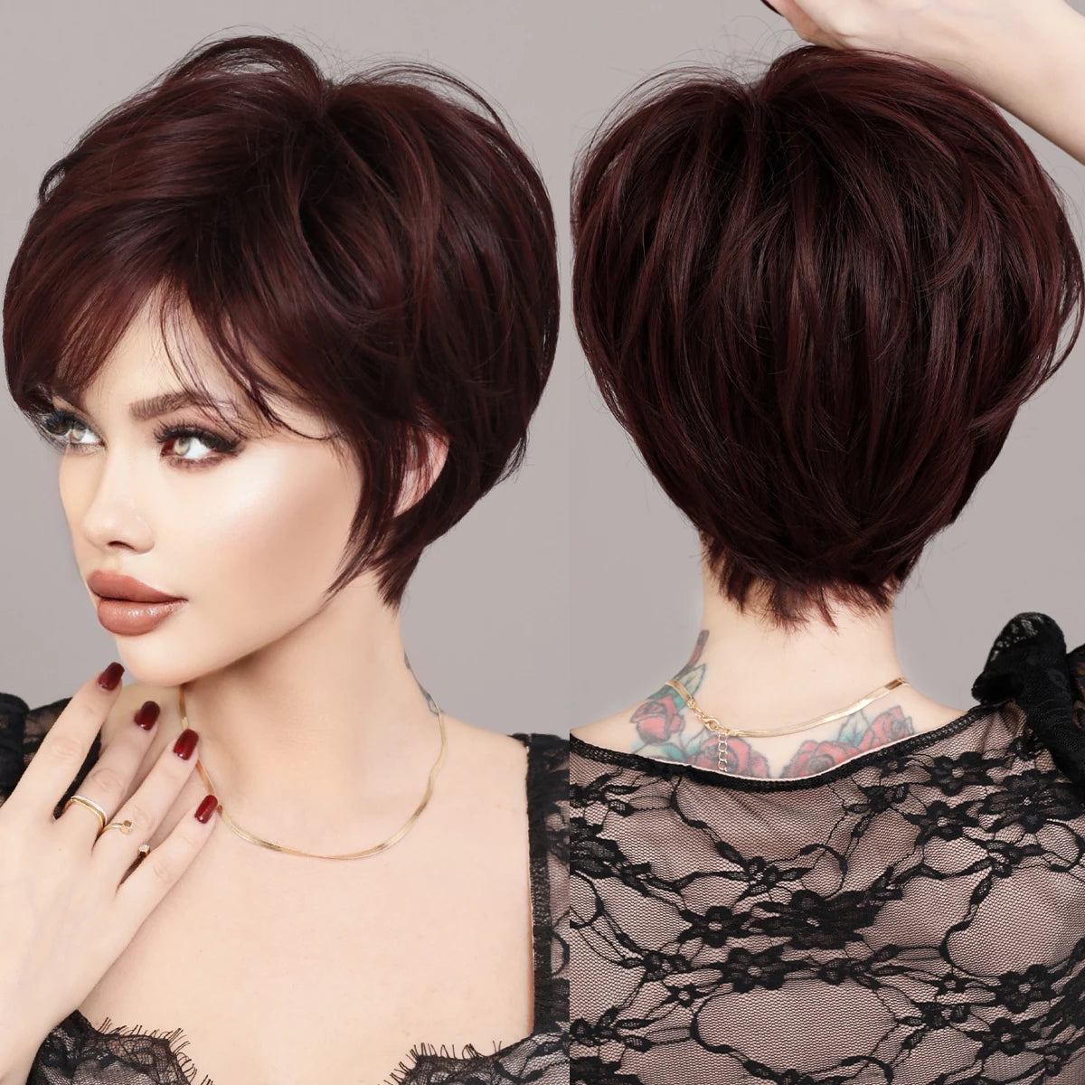 7JHH WIGS Ombre Black Blonde Bob Wig for Women Daily Party Synthetic Straight Short Hair Wig with Fluffy Bangs Pixie Cut Wigs