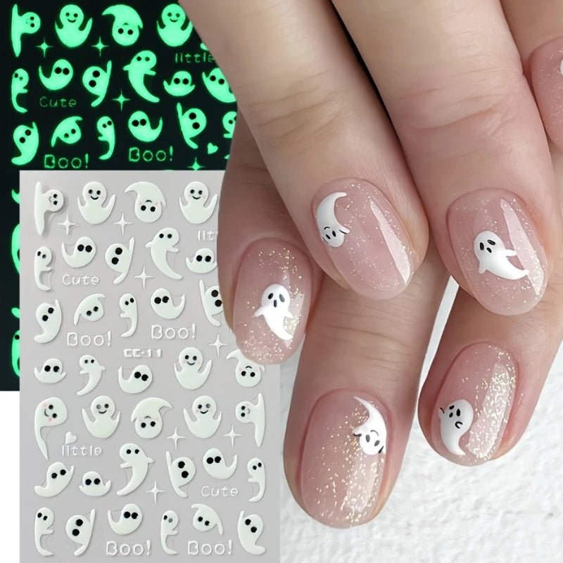 Halloween Nail Stickers - 3D Glow in Dark Cute Ghost Design Luminous Self Adhesive Nail Decals for Halloween