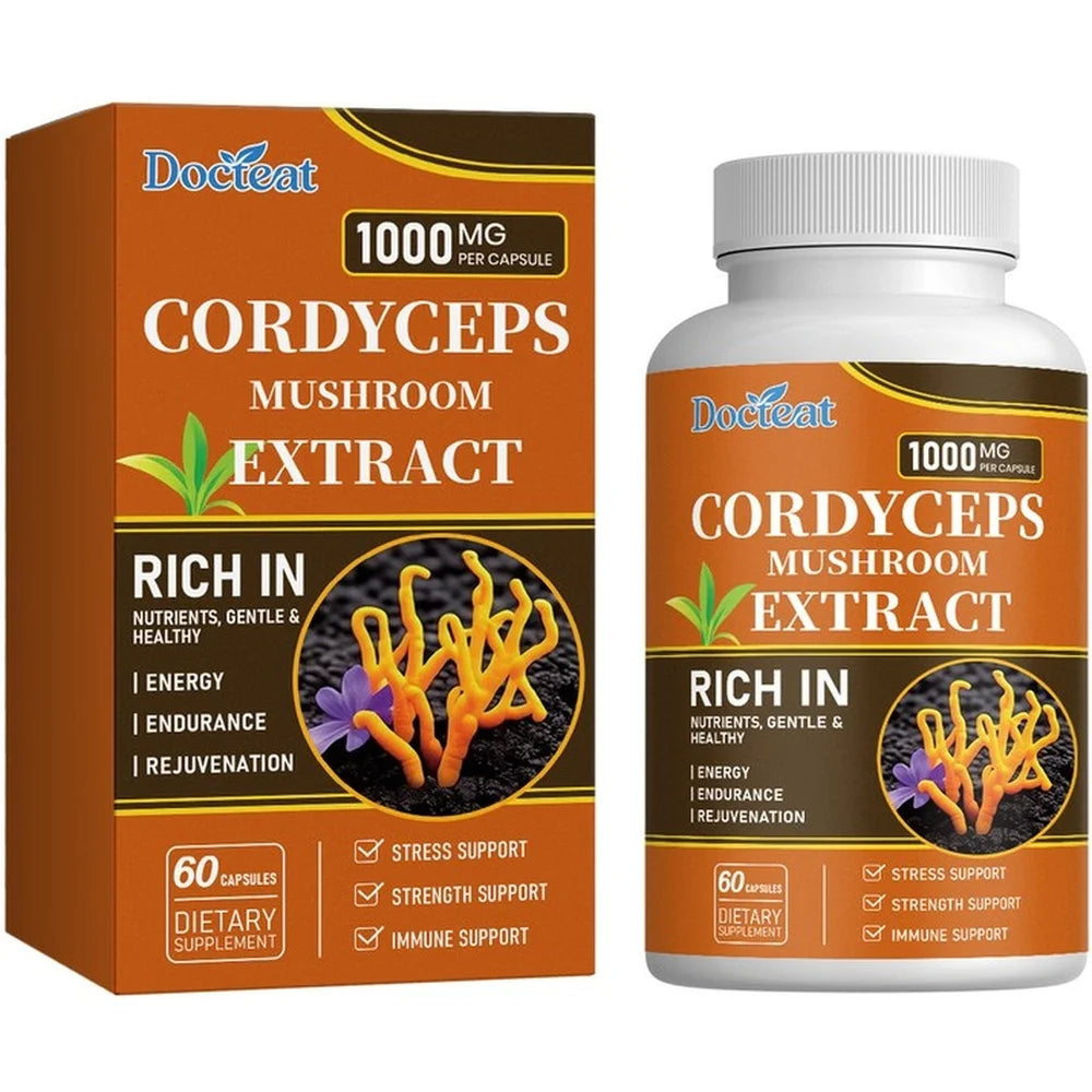 Docteat Cordyceps Mushroom Extract Capsules with Energy Mental Clarity Stress Balance Support Daily Vitality, 60 Capsules