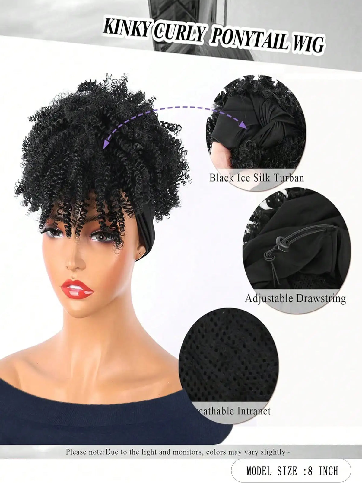 Headband Wigs for Synthetic Short Afro Kinky Curly Wigs Dark Brown Wig with Bangs Wrap Wigs 2 in 1 synthetic Wig Drawstring