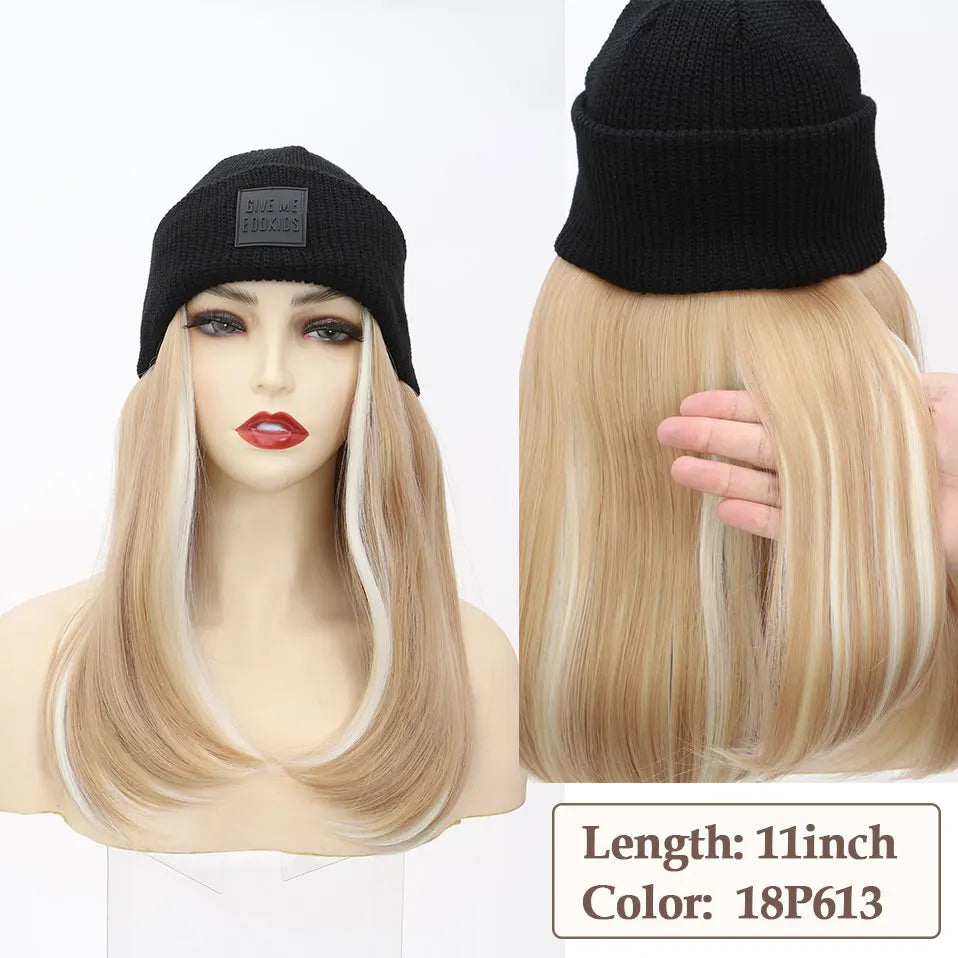 Hat Wig Knitted Beanie Wig Hat Hair Extension 11''18'' Long Wavy Curly Black Hat Wig Synthetic Hairpiece for Women Girls Winter
