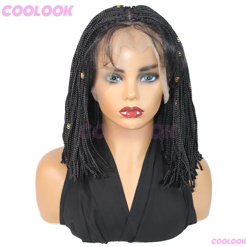 12" Short Braided Wigs For Women Synthetic Wig 6*6 Lace Braids African Wigs Cornrow Micro Black Wig
