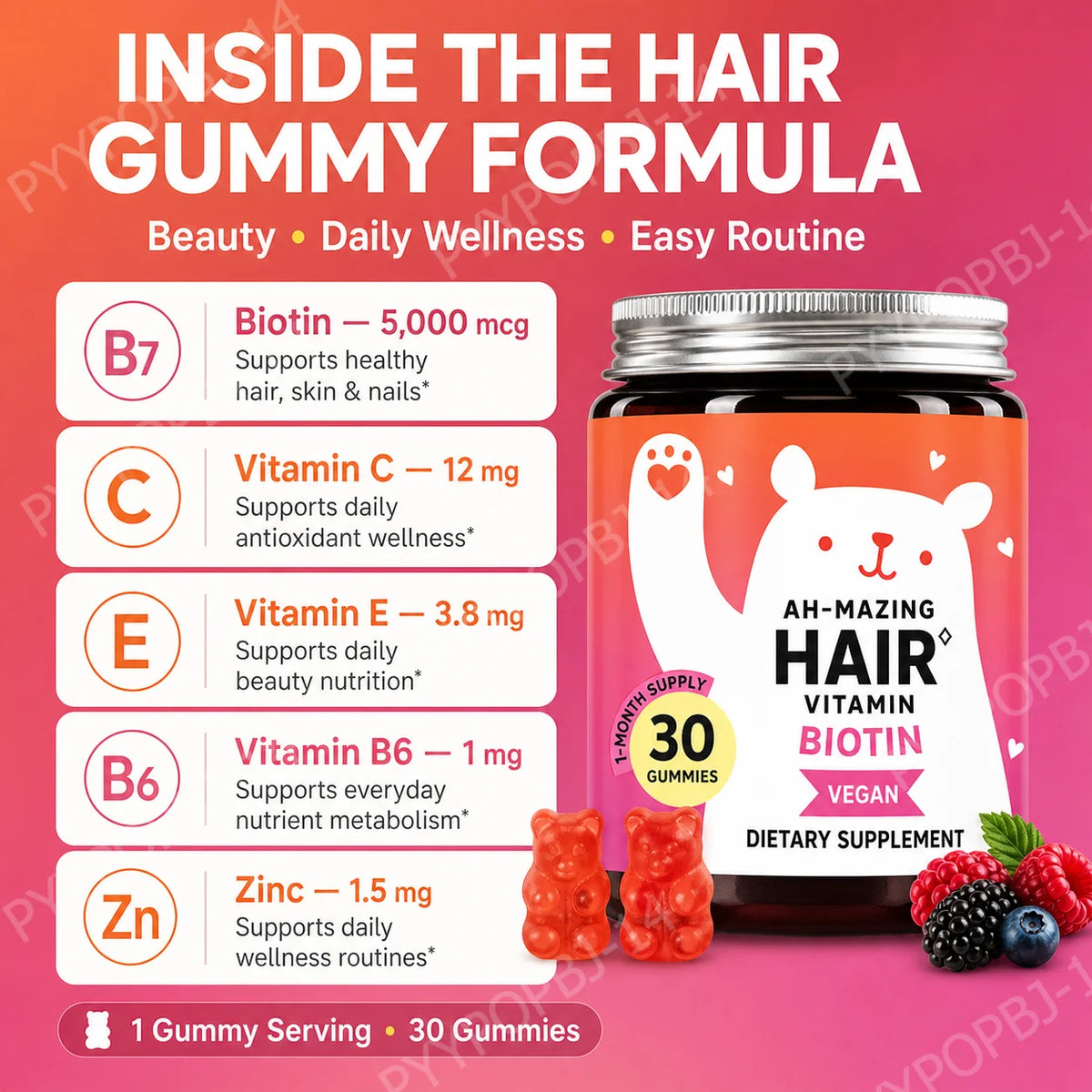 Biotin Gummies 5000 Mcg Hair Skin Nails Support Vegan Beauty Vitamins 30 Gummies Daily Wellness Supplement