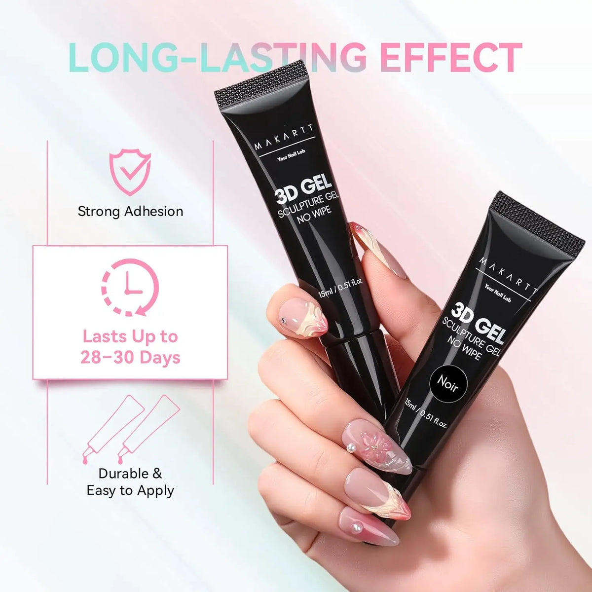 Makartt 3D Gel Nail Art – Clear & Noir Sculpting Gel for DIY Embossed Nail Designs – No Wipe Easy-Squeeze Tube Nail Glue