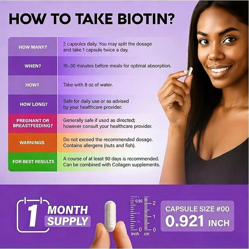 Biotin Capsules Contain Collagen and Vitamin B2, B3, B6 & B7 for Women Men Hair Care Supplements Skin & Nails Support 60 Pieces