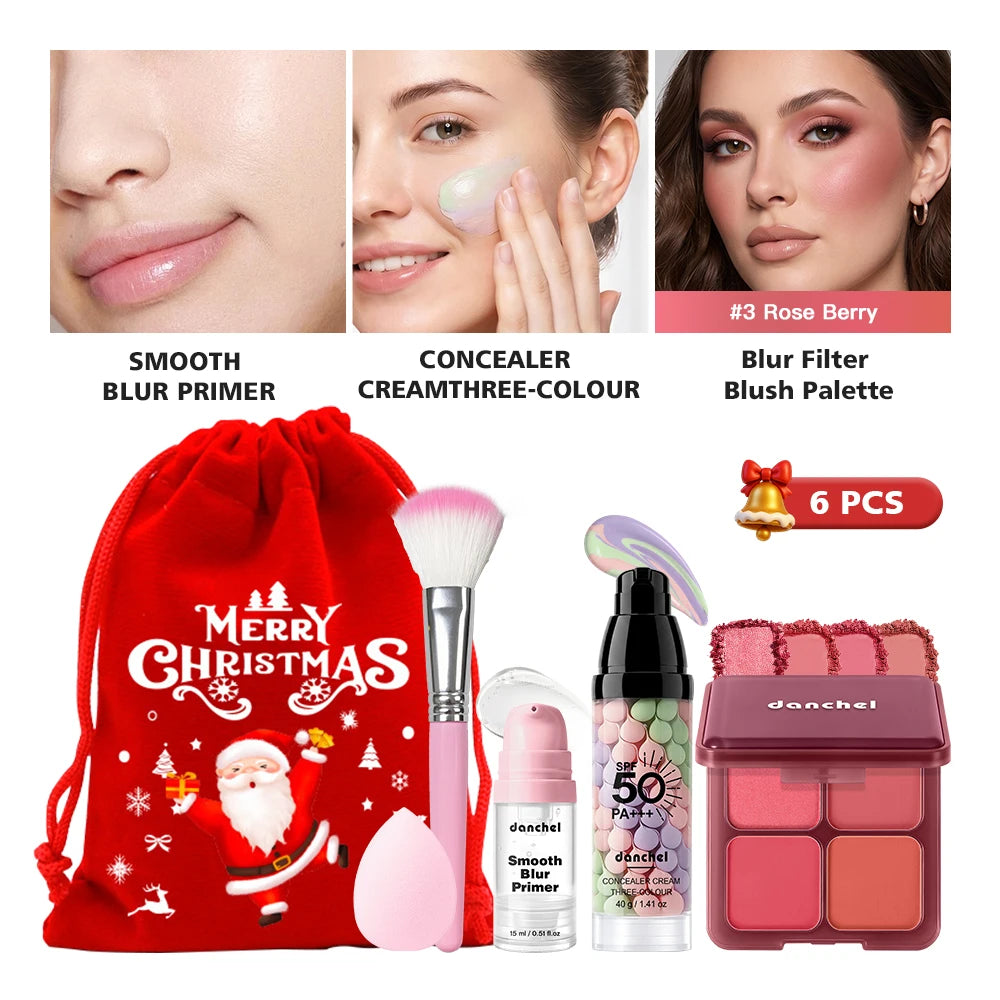 6Pcs Blur Primer 3‑Color Concealer Cream 4‑Shade Blush Palette Beauty Sponge Xmas Drawstring Bag Face Makeup Christmas Gift