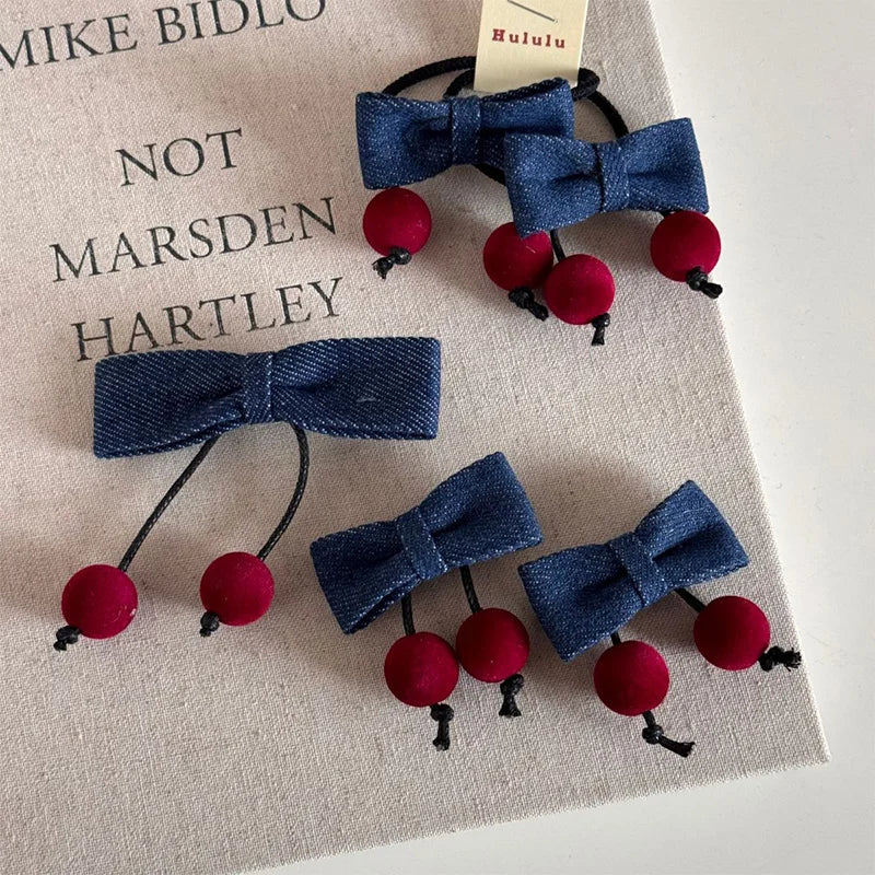 Winter Denim Fabric Cherry Bow Children's Hairpin Cute Girl Hair Band Christmas Decoration Headgear Hairpin New Year Gifts