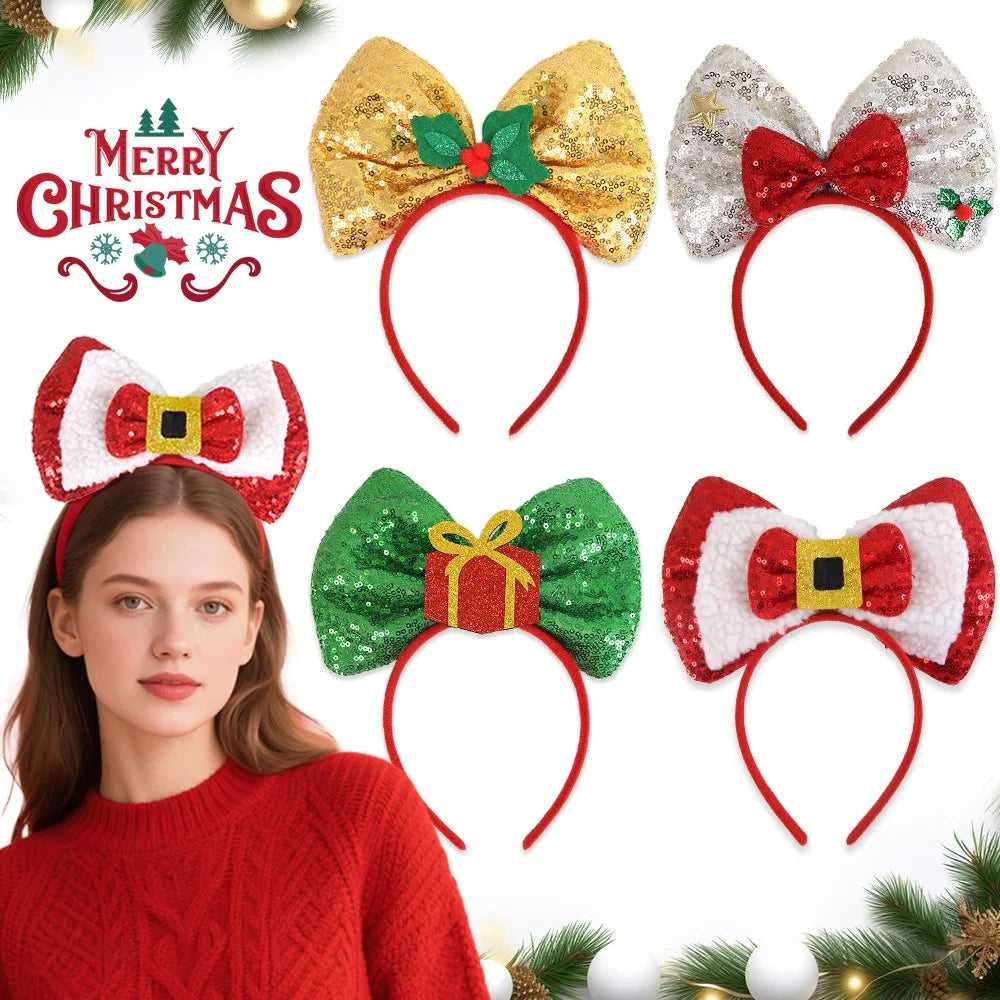 New Christmas Headband Sequins Bow Tie Hair Band Children's Hair Accessories Holiday Gift Dress Headwear Party Supplies