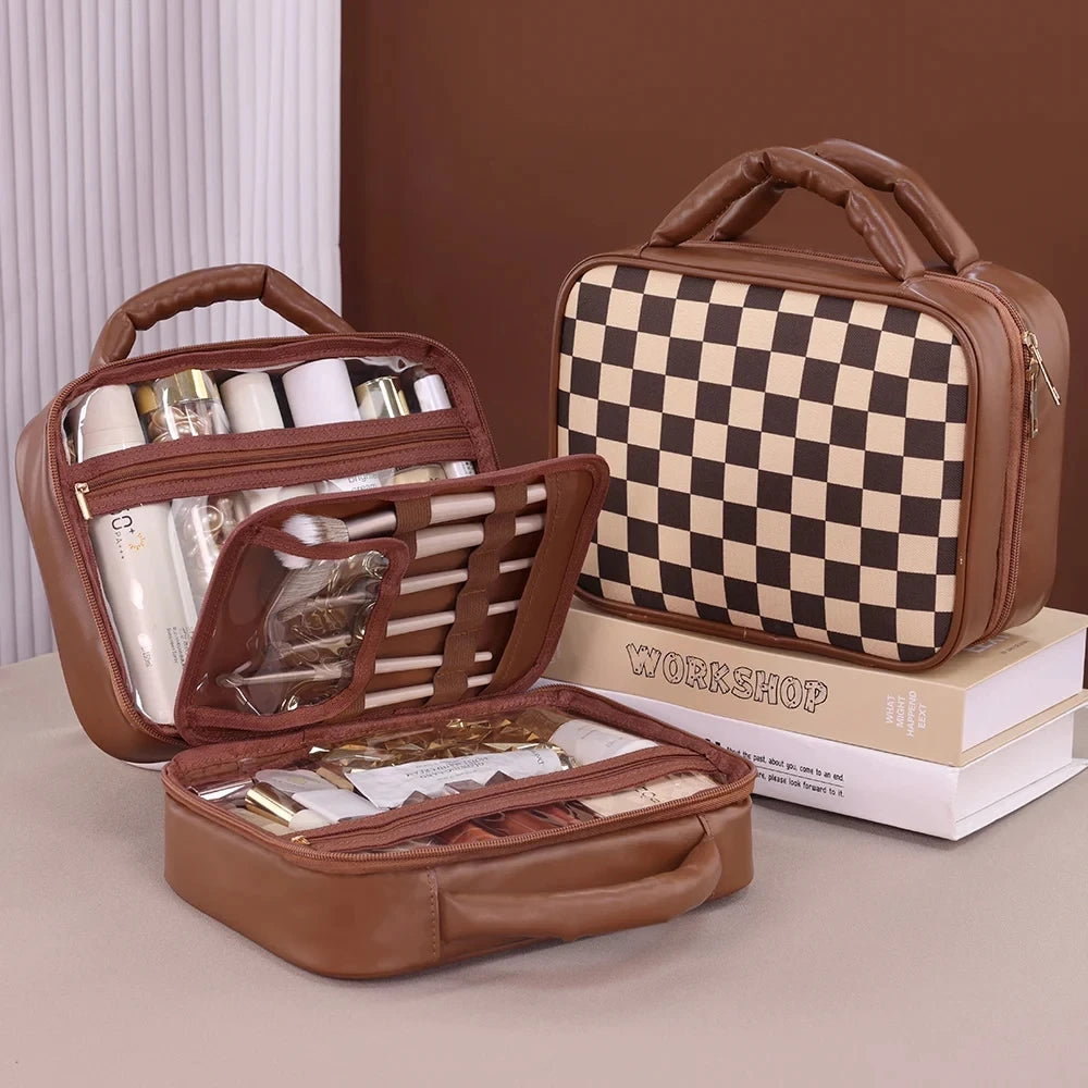 Luxury Checkered Cosmetic Bag For Women Large Capacity Waterproof Makeup Toiletry Bag Brown Melard Travel Wash Storage Bag