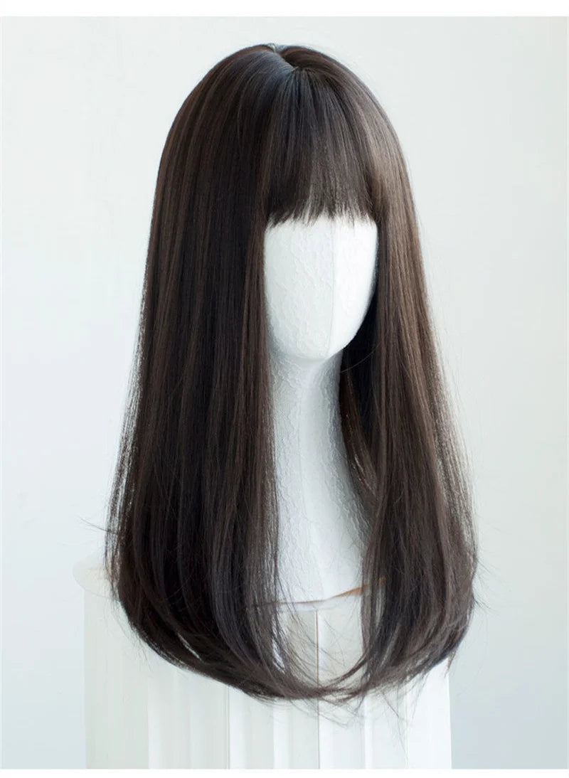 Korea Hair Extensions Synthetic Cute JK Girl Cosplay Air Bangs Wig Breathable Head Cover 50cm Long Straight Wig Hat for Women