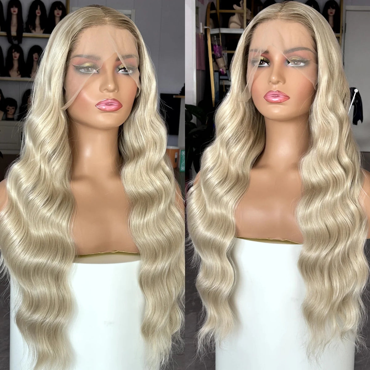 Long Blonde Brown Ombre Wig Long Curly Wavy Synthetic Lace Front Wig Middle Part 13X4 Loose Deep Wave Ash Blonde Wigs for Women