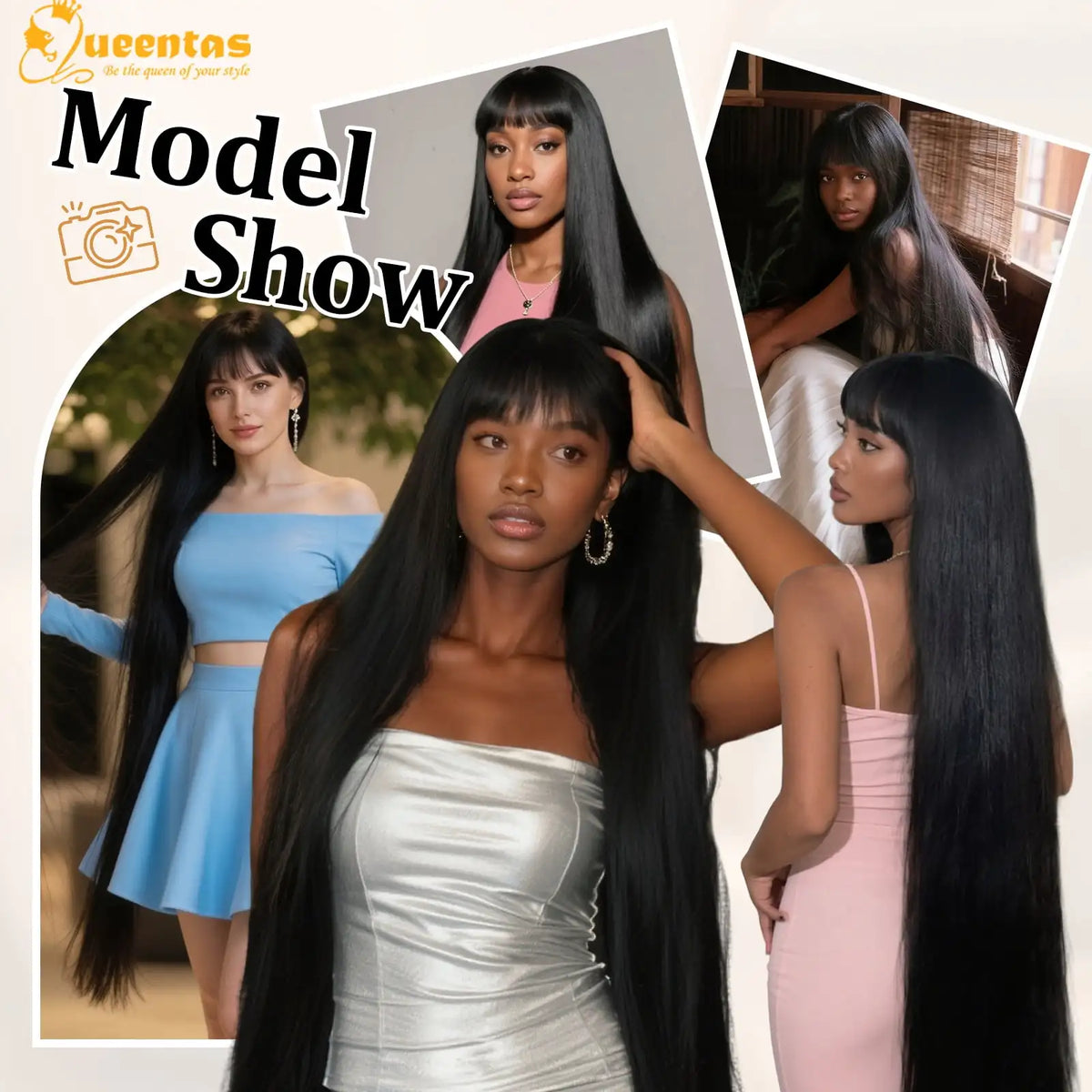 QUEENTAS 40 Inch Black Wig with Bangs Long Black Wigs for Women Synthetic Straight Hair Party Daily Wear
