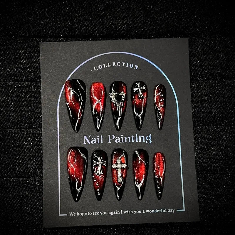 10pcs Press on Nails False Nails Handmade Burgundy Cat Eye Long Almond Gothic Nails Reusable Manicure for Halloween Party