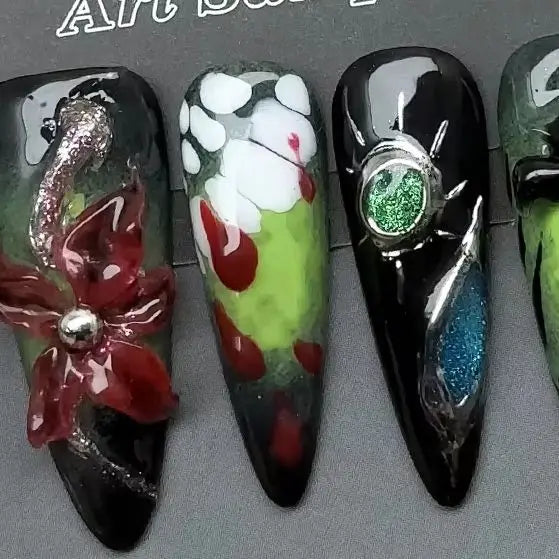 10pcs/Set Handmade acrylic press on nails Long high-heeled finger nails，halloween nails , Bloody Forest Hand-Painted Ghost Fake