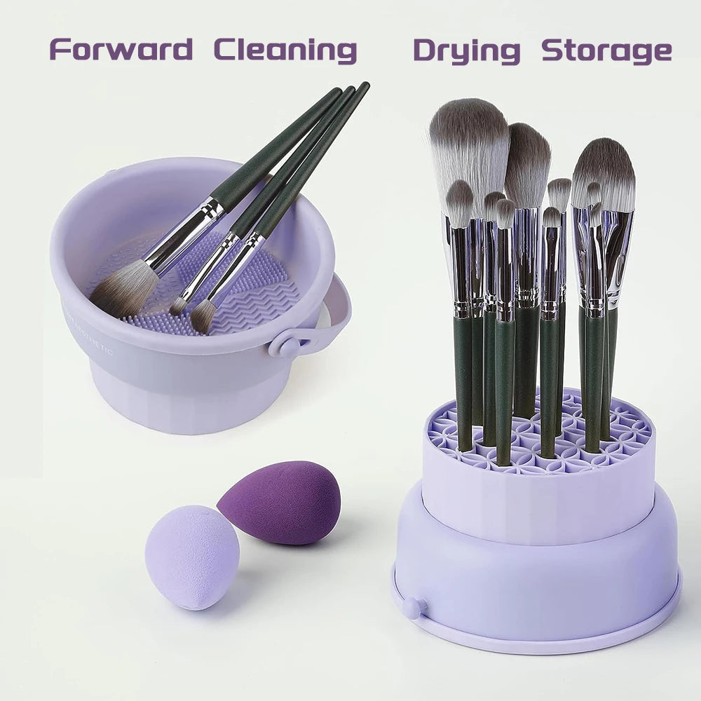 3-In-1 Silicone Makeup Brush Cleaner Mat & Drying Rack - Cosmetic Brush Cleaning & Air Dry Tool, Beauty Tool Organizer Kit