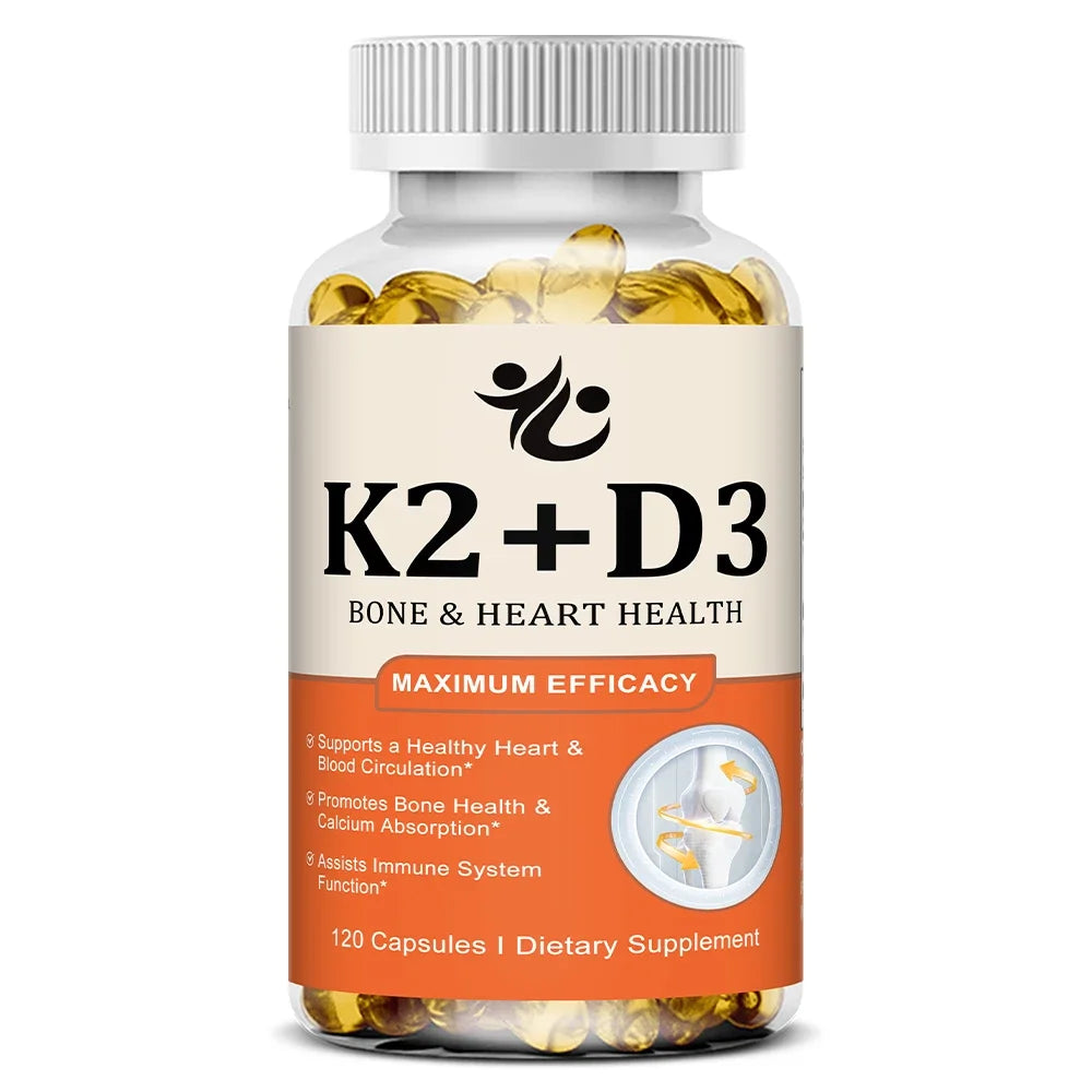 Vitamin D3 + K2 Capsules, Support Calcium Absorption, Bone & Joint Wellness, Cardiovascular Function and Immune System Health