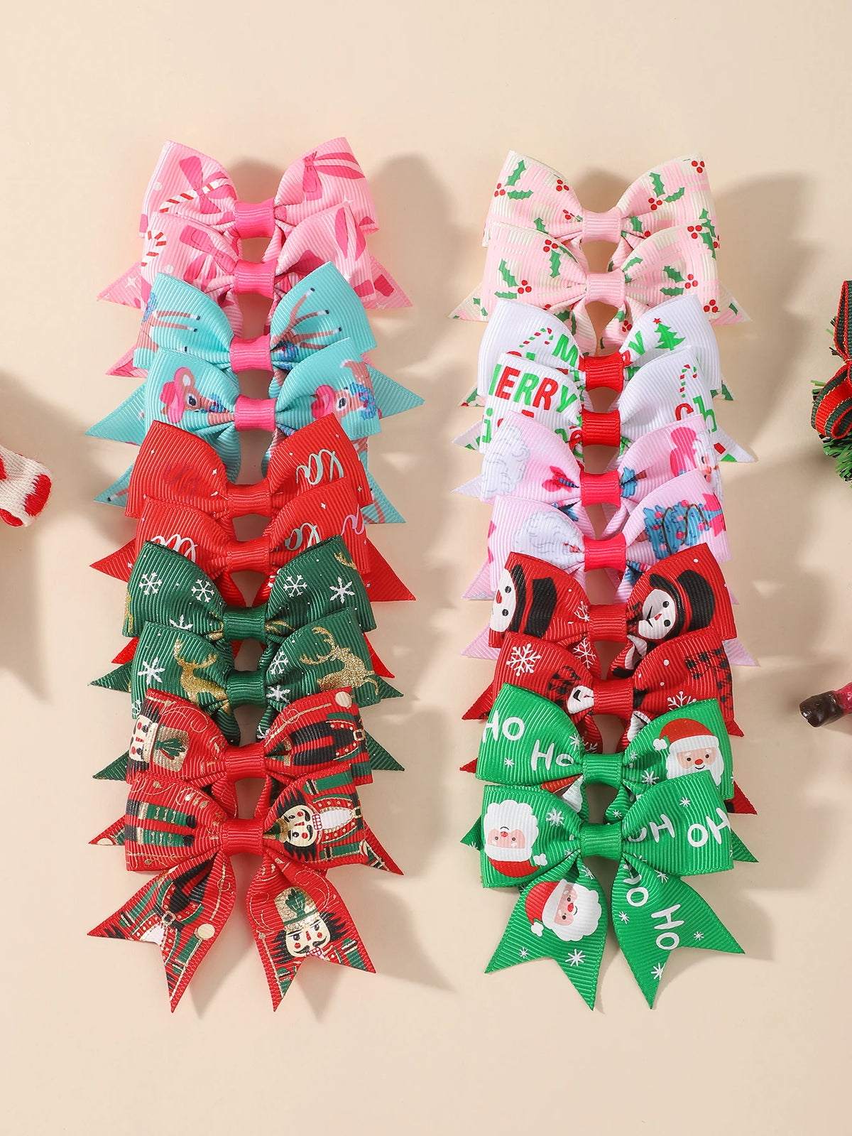 20Pcs New Year Ribbon Bows Hair Clips Set for Baby Girls 2.4' Christmas Elk Santa Bowknots Hairpins Headwear Hair Accessories