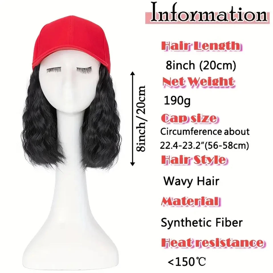 8" Short Wave Baseball Cap Wigs with Curly Hair Extensions for Women Daily Wear Synthetic Wave Adjustable Baseball Hat Wigs
