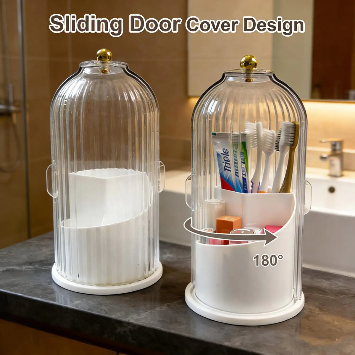 Makeup Brush Holder Organizer With Lid,360 Rotating Dustproof ABS Storage Caddy,3 Slots Sliding Lid Toothbrush Holder With Non-Slip Base,Multi-Use Space-Saving Organizer For Makeup Brushes Toothpaste,Perfect For Vanity Bathro