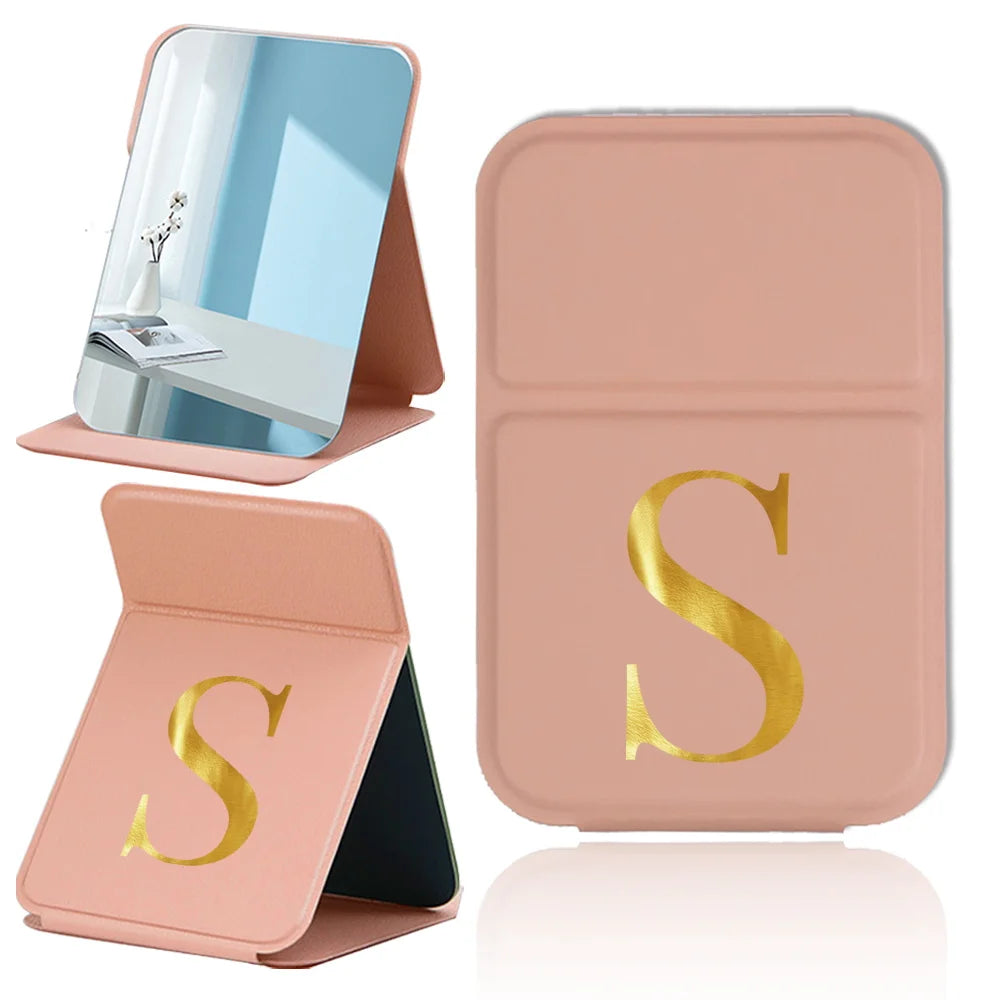 Personalized Pu Vanity Mirror Portable Handheld Makeup Mirror Folding Desktop Makeup Mirror Pocket Cosmetic Tool Letter Pattern