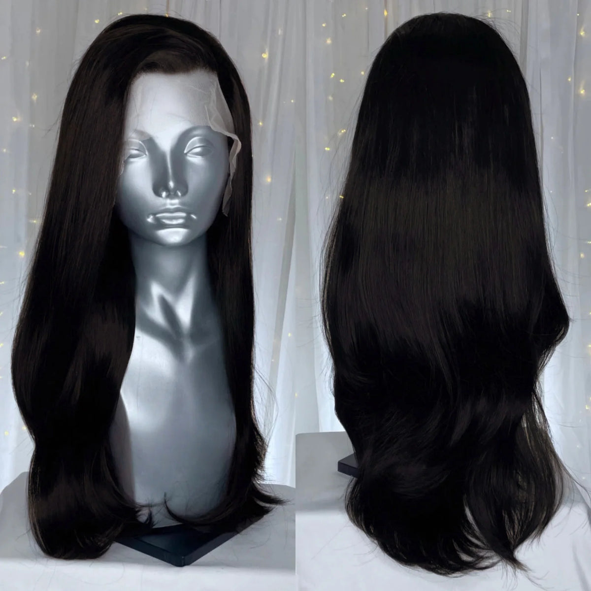 Long Wavy Dark Brown Synthetic Lace Front Wigs for Women Free Part Layered Cut Natural Wave Brunette Colored 13X4 Wigs Daily Use