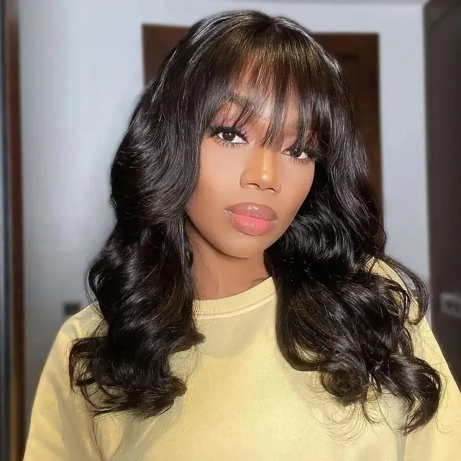 Body Wave Wigs With Bangs Put on go Wigs Human Hair 26inch Glueless Human Hair Wigs Natural Wave Bang Wigs Beginner Friendly